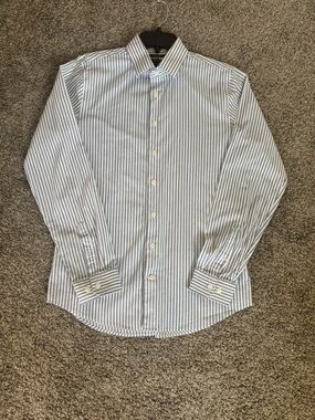 Express 1MX Men's Blue & White Vertical Stripe Dress Shirt (123)